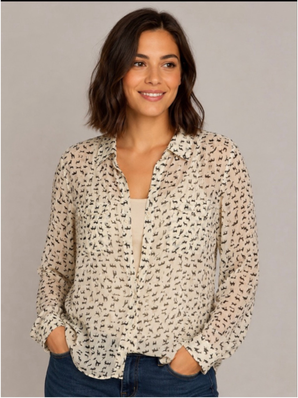 Xhilaration Beige & Black Animal Print Button Down Shirt Size L